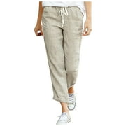 SZXZYGS Wide Leg Jeans for Women Women's Casual Drawstring Elastic Waist Cotton Linen Nine-Quarter Pants Khaki Pants for Women Relaxed fit Loose